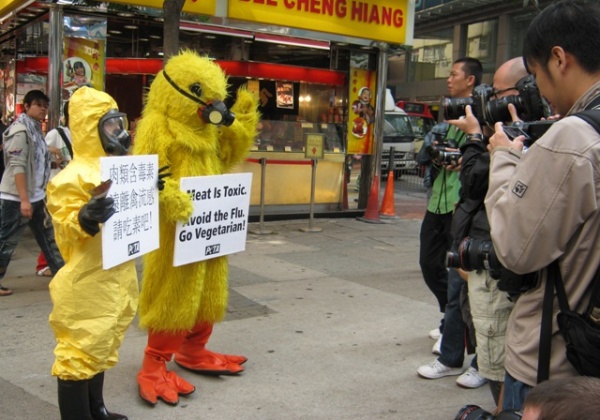 Gas Mask–Wearing ‘Chicken’ Urges Hong Kongers to Avoid Flu by Going Vegetarian