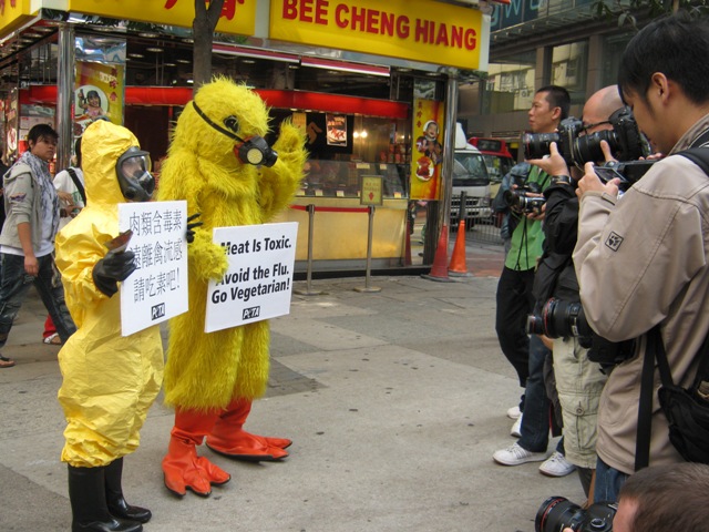 Gas Mask–Wearing ‘Chicken’ Urges Hong Kongers to Avoid Flu by Going Vegetarian