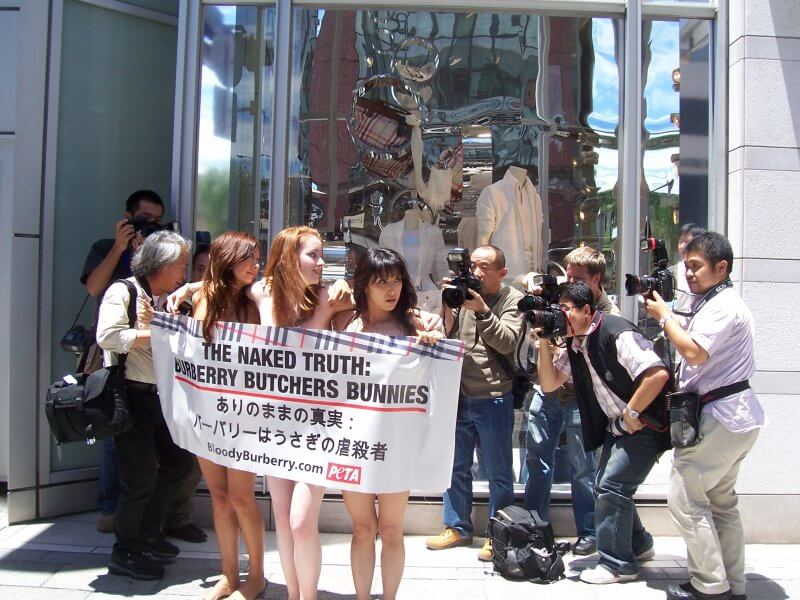 PETA activists protest Burberry fur farm cruelty in Japan