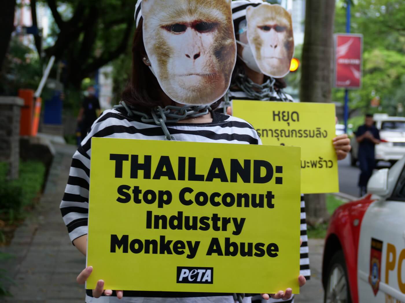Chained ‘Monkeys’ Protest Coconut Industry at Thai Embassy in Jakarta, Indonesia