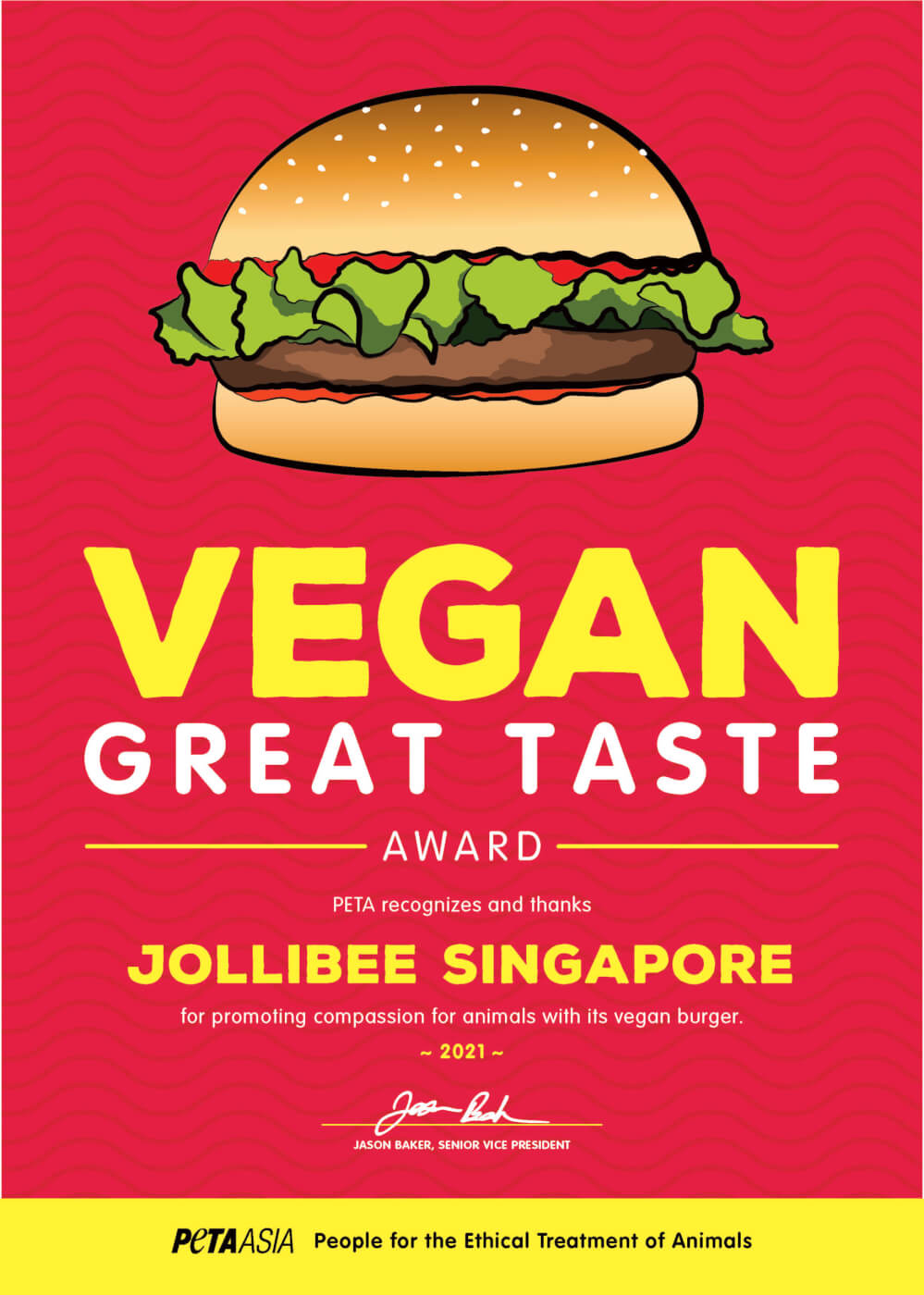 Jollibee Singapore’s Vegan Burger Wins PETA Award News PETA Asia